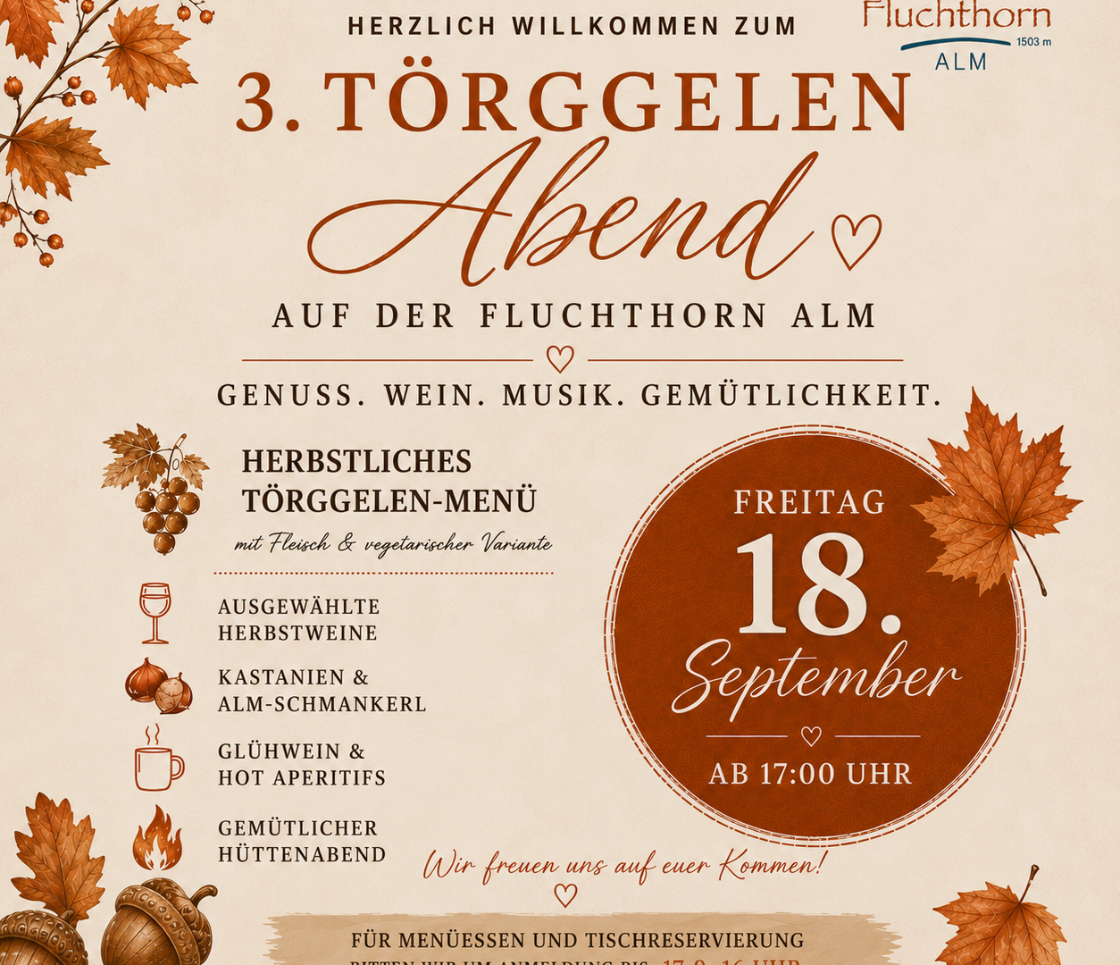 An inviting poster for the "3rd Törggele Evening" at the Fluchthorn Alm. It shows information about food, wine, and musical entertainment in an autumn atmosphere.
