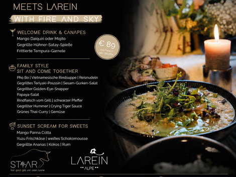 An elegant event poster titled "Asia meets Larein". It describes a culinary experience featuring Asian cuisine, drinks, and sweet treats, surrounded by atmospheric lighting.
