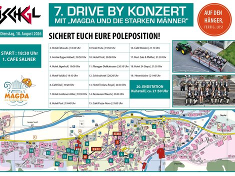 A promotional poster for the 7th Drive By concert with Magda and the strong men. It contains information about the date, time, and venue as well as a map of the surrounding area.