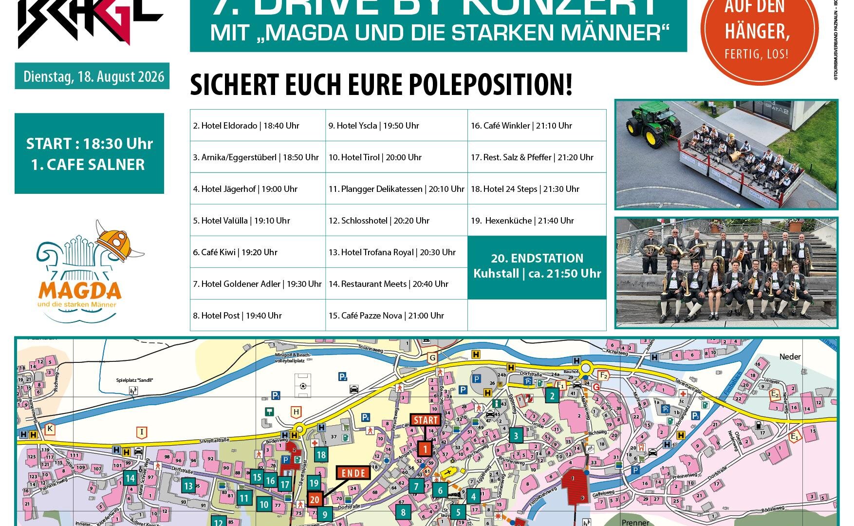 A promotional poster for the 7th Drive By concert with Magda and the strong men. It contains information about the date, time, and venue as well as a map of the surrounding area.