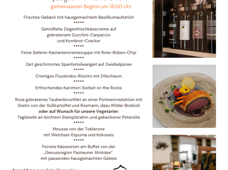An elegant gala menu and a wine tasting are being advertised. The image shows an appealing arrangement of dishes and wines in a festive setting.