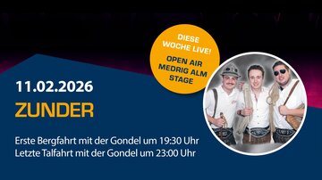 Eine Veranstaltung namens "Medrig Night Fever" in See am 11. Februar 2026. Es gibt Konzerte, eine Lasershow und Nachtbetrieb der Gondel bis spät in die Nacht.
