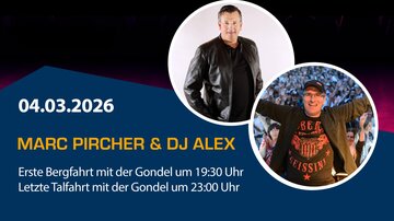 Ein Plakat für eine DJ-Veranstaltung am 04.03.2026. Die erste Bergfahrt mit der Gondel beginnt um 19:30 Uhr und die letzte Fahrt um 23:00 Uhr.