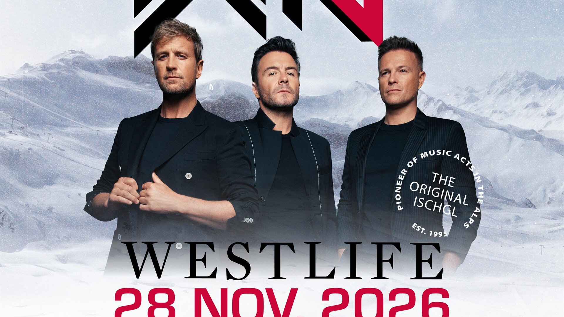 Ein Plakat für das T.O.M. Eröffnungskonzert mit Westlife in Ischgl. Das Konzert findet am 28. November 2026 statt.