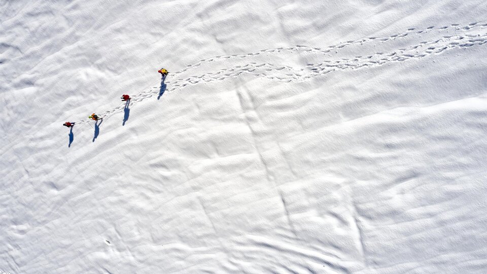 Vier Personen gehen über eine schneebedeckte Fläche. Ihre Spuren sind im frischen Schnee deutlich sichtbar.