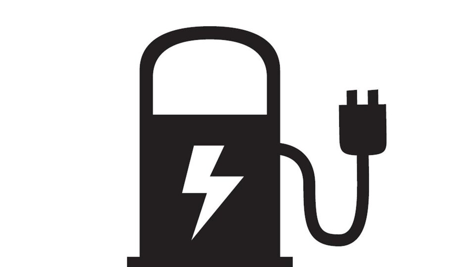 A stylized charging station for electric vehicles with a lightning symbol. It shows a plug that indicates charging electricity.