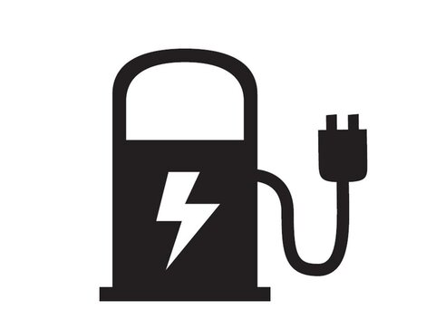 Eine stilisierte Abbildung einer Ladestation für Elektroautos mit einem Blitzsymbol. Das Bild zeigt eine Steckdose, die mit der Ladestation verbunden ist.