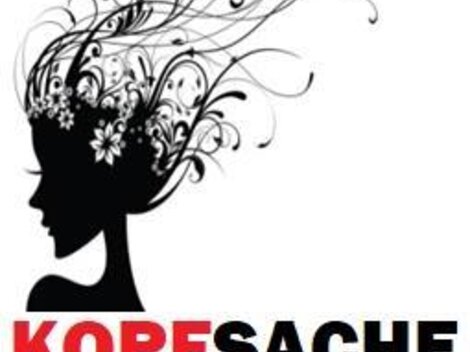 A stylish hair salon logo features the profile of a woman with artistic hair. The text emphasizes services for ladies, gentlemen, and children.