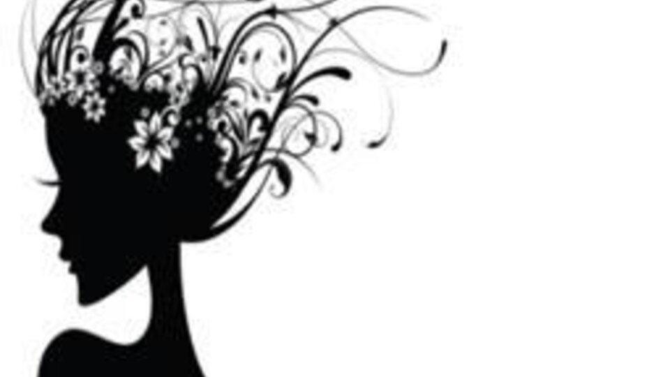 A stylish hair salon logo features the profile of a woman with artistic hair. The text emphasizes services for ladies, gentlemen, and children.