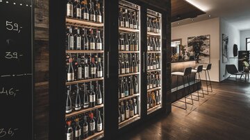 Ein stilvolles Weingeschäft mit einer großen Auswahl an Flaschen in einem eleganten Glaskühlschrank. Im Hintergrund ist eine moderne Bar mit Sitzgelegenheiten zu sehen.