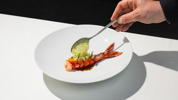 Ein Koch dekoriert einen Teller mit einer Garnele und einer grünen Sauce. Der weiße Teller hebt die Farben des Gerichts hervor.