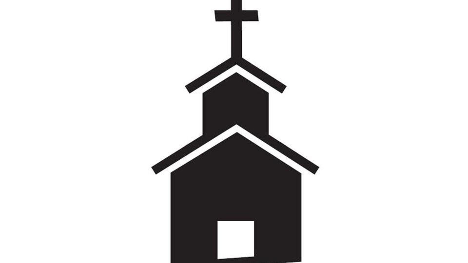A simple black icon of a church with a cross on the roof. It shows the characteristic features of a church building.
