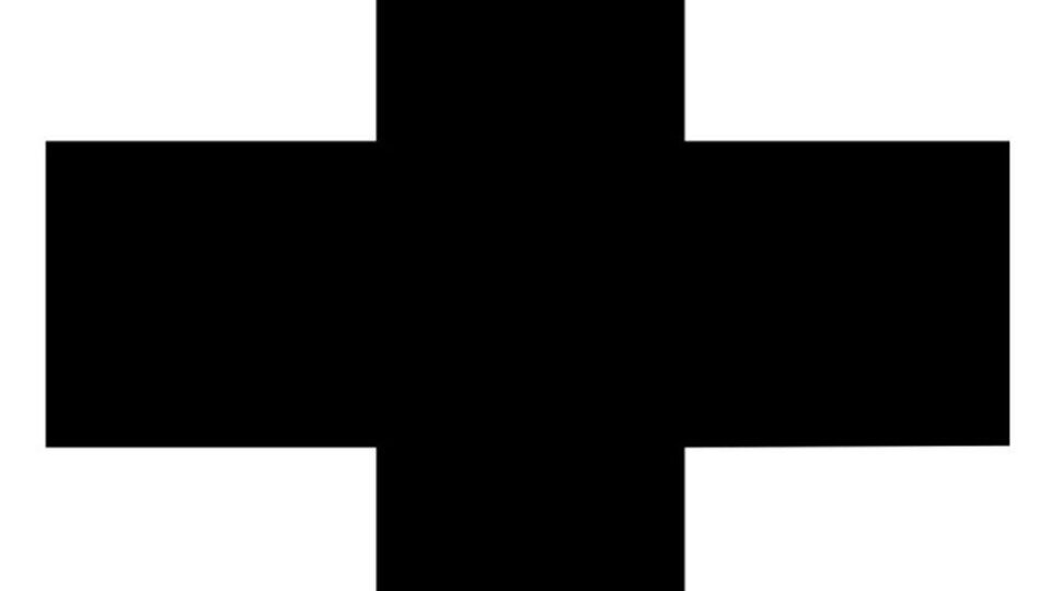 Ein schwarzes Kreuz auf einem grauen Hintergrund. Das Symbol ist einfach und klar.