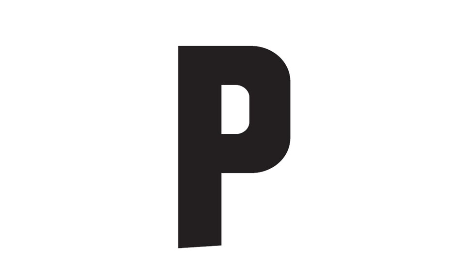 A stylized black "P" on a white background. The design is simple and modern.