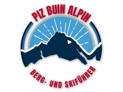 Ein Logo von Piz Buin Alpin mit einem stilisierten Berg und Sonnenstrahlen. Der Text um das Logo informiert über Berg- und Skiführungen.