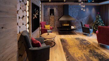 A cozy living space with a modern fireplace and stylish furniture. In the background stands a Christmas tree that creates a festive atmosphere.
