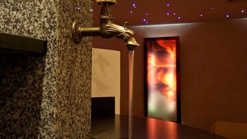 Ein eleganter Wasserhahn aus Messing, der Wasser in einen modernen Granitwaschtisch fließen lässt. Im Hintergrund ist eine sanfte Beleuchtung zu sehen, die eine entspannende Atmosphäre schafft.