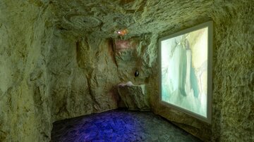 Ein ausgehöhlter Raum mit steinartigen Wänden. An einer Wand befindet sich ein großer Bildschirm mit einer Projektion.