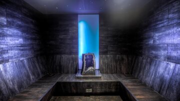 A modern wellness area with wood paneling and soft light. In the center, there is a comfortable lounge furniture for relaxation.