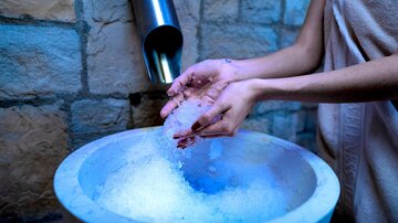 A person washes their hands in a basin with ice. The room has a calming atmosphere with dim lighting.