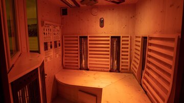An interior with red lights, wooden paneling, and several loungers for a sauna. The atmosphere feels relaxing and inviting.