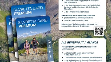 An advertising poster for the Silvretta Card Premium. It showcases the benefits of the card for alpine experiences in summer and autumn, surrounded by mountains and nature.