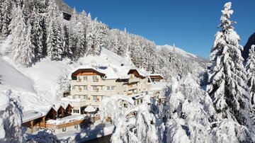 A picturesque mountain village in the snow with snow-covered trees. The clear blue sky makes the winter scene especially inviting.