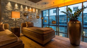 A stylish spa with cozy loungers and warm light. Large windows offer a view outside, and a green plant creates a relaxing atmosphere.