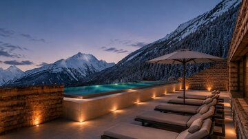 A modern resort with a rooftop terrace and loungers. In the background, snow-capped mountains rise, and a beautiful pool shimmers in the evening light.