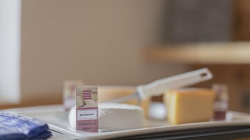 A selection of cheese varieties on a table. Accompanied by a cheese knife and some cheese descriptions.