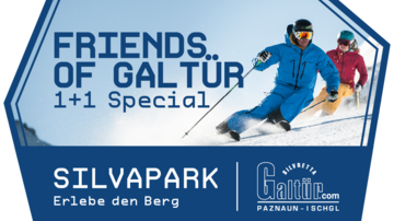 A logo for Silvapark Galtür titled "Friends of Galtür 1+1 Special". It features two skiers on a snow-covered slope under a clear, blue sky.